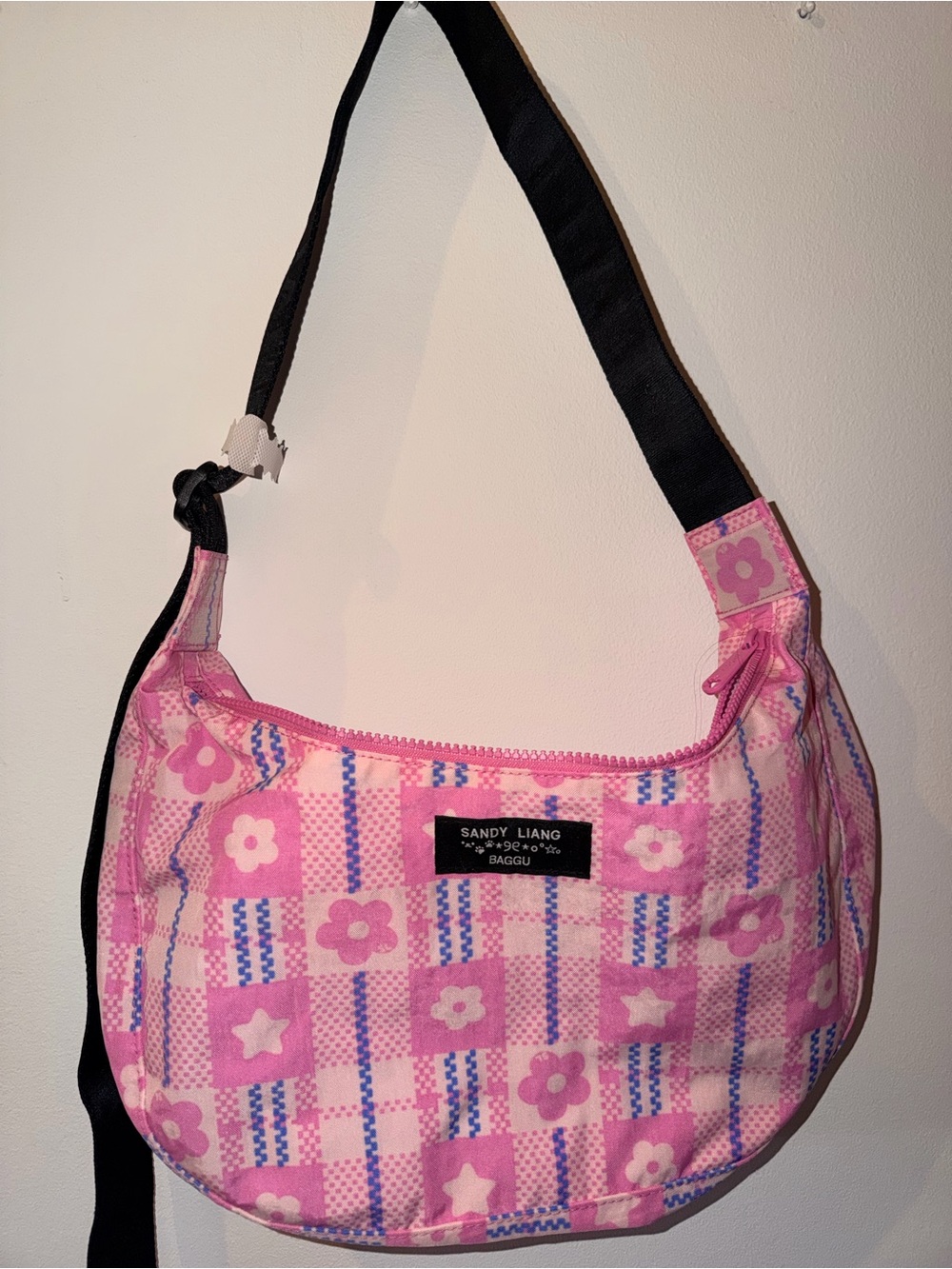 NWT Baggu x Sandy Liang Pink Market Plaid Crescent Bag